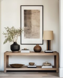 A subtle art piece serves as a focal point in a well-curated minimalist aesthetic home decor.